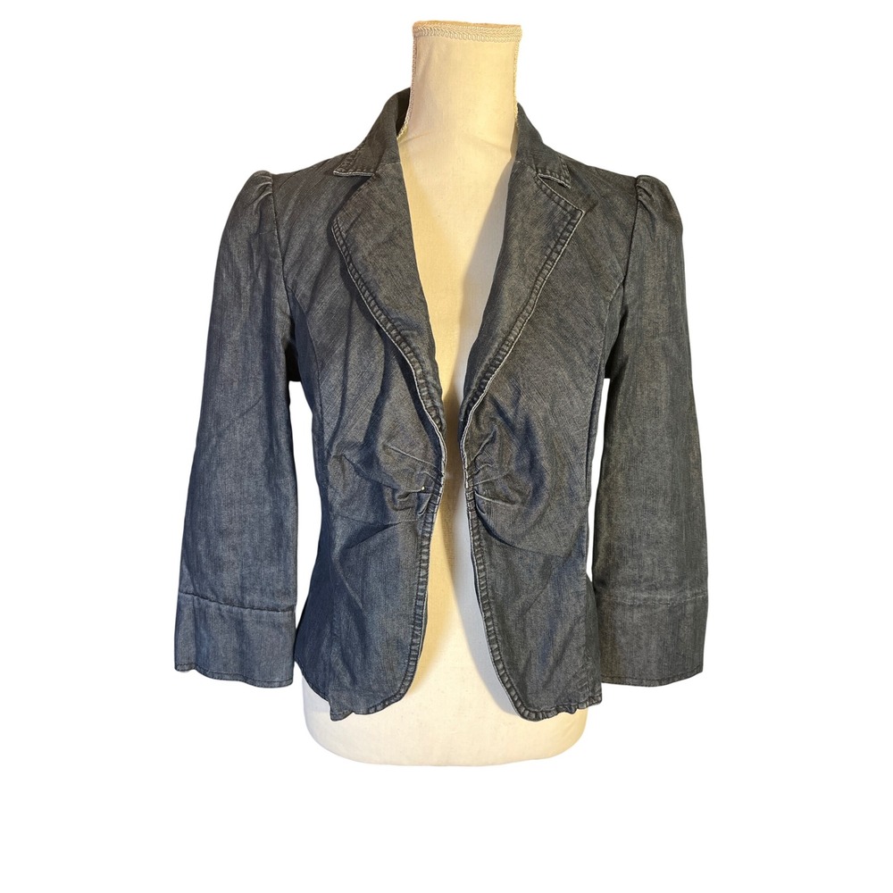 Y2K Apostrophe Womens Denim Blazer Blue 3/4 Sleeve Cinched Waist Puffed Shoulder